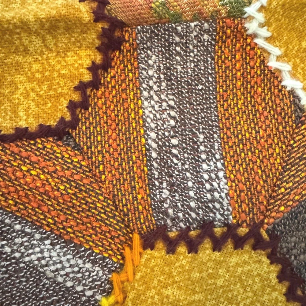 Vintage Handmade Patchwork Hexagon Table Runner Boho Cottagecore. 70s-80s